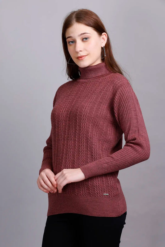Rose Gold High Neck full Sleeve Sweater Cable Knit