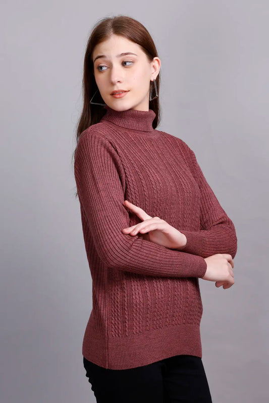 Rose Gold High Neck full Sleeve Sweater Cable Knit