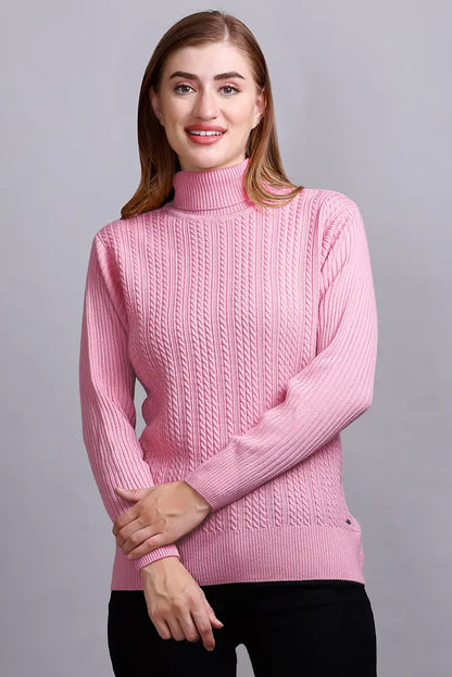 Baby Pink High Neck full Sleeve Sweater Cable Knit