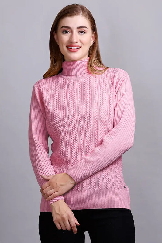 Baby Pink High Neck full Sleeve Sweater Cable Knit