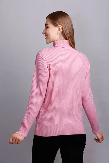 Baby Pink High Neck full Sleeve Sweater Cable Knit