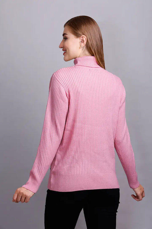 Baby Pink High Neck full Sleeve Sweater Cable Knit
