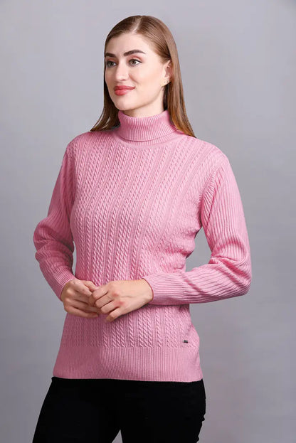 Baby Pink High Neck full Sleeve Sweater Cable Knit