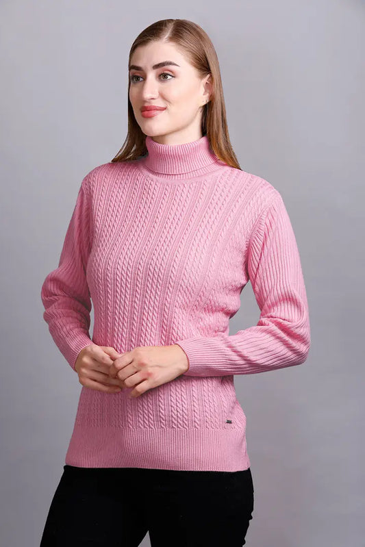 Baby Pink High Neck full Sleeve Sweater Cable Knit