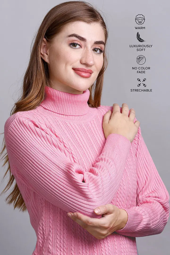 Baby Pink High Neck full Sleeve Sweater Cable Knit