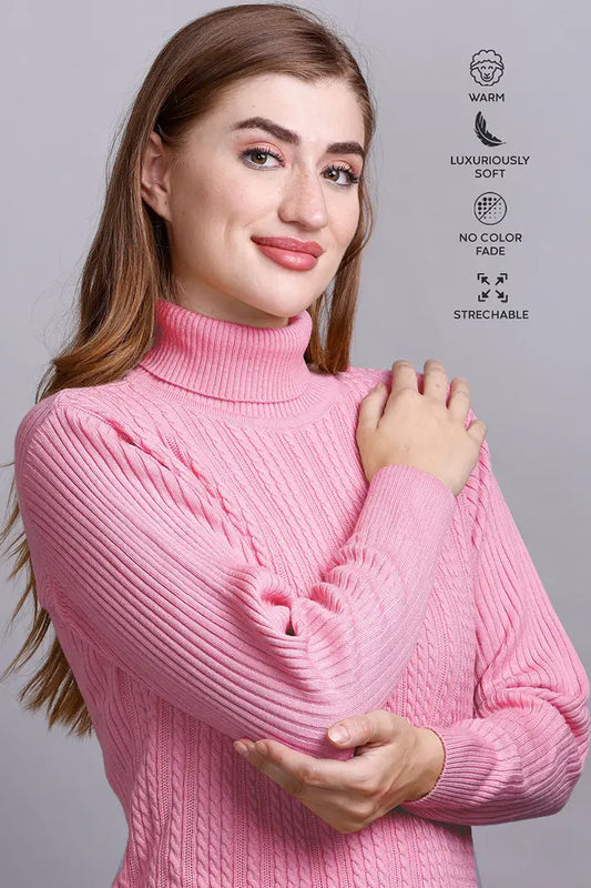 Baby Pink High Neck full Sleeve Sweater Cable Knit
