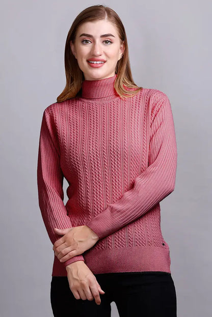 Raspberry Pink High Neck full Sleeve Sweater Cable Knit