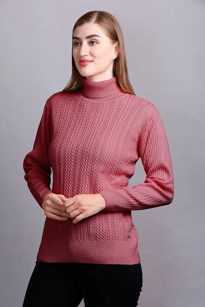 Raspberry Pink High Neck full Sleeve Sweater Cable Knit