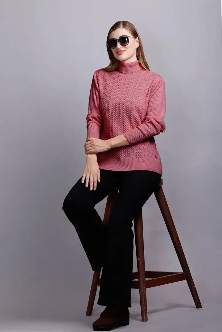 Raspberry Pink High Neck full Sleeve Sweater Cable Knit