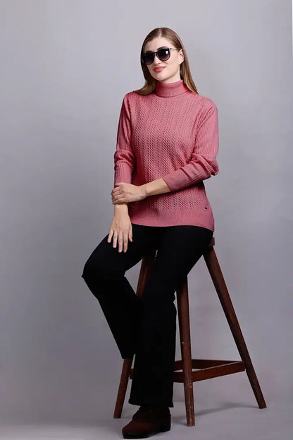 Raspberry Pink High Neck full Sleeve Sweater Cable Knit