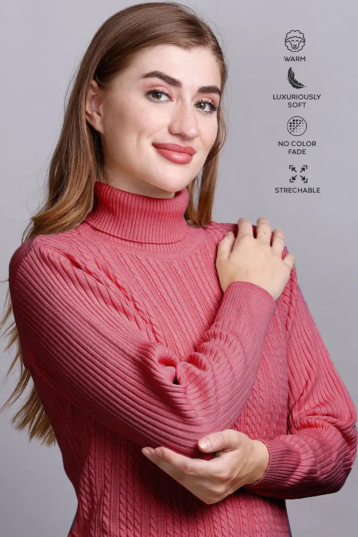 Raspberry Pink High Neck full Sleeve Sweater Cable Knit
