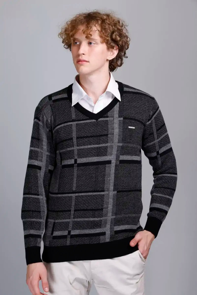 Black Woolen V-Neck Pullover Sweater for Men