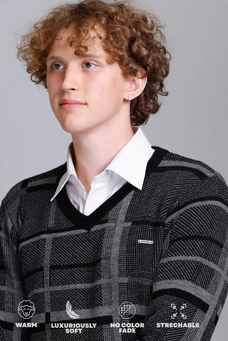 Black Woolen V-Neck Pullover Sweater for Men
