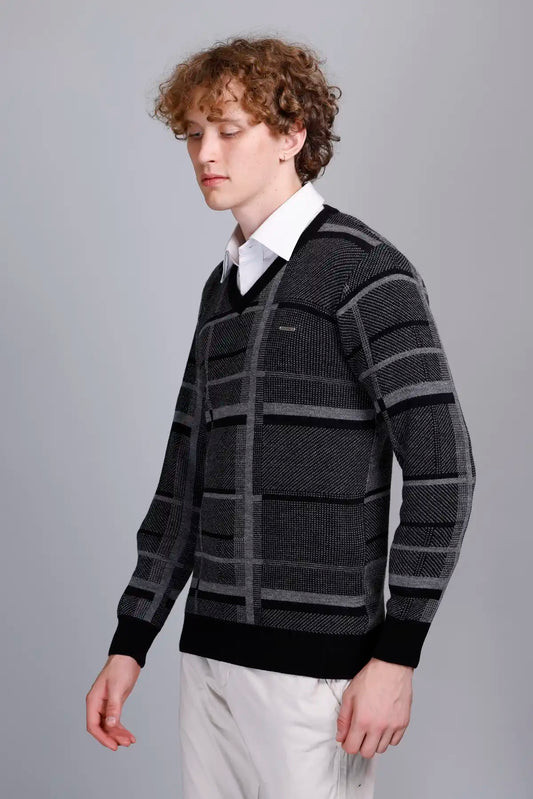 Black Woolen V-Neck Pullover Sweater for Men