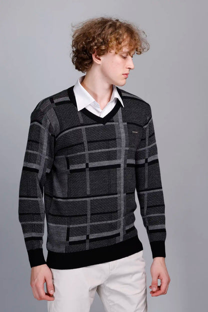 Black Woolen V-Neck Pullover Sweater for Men