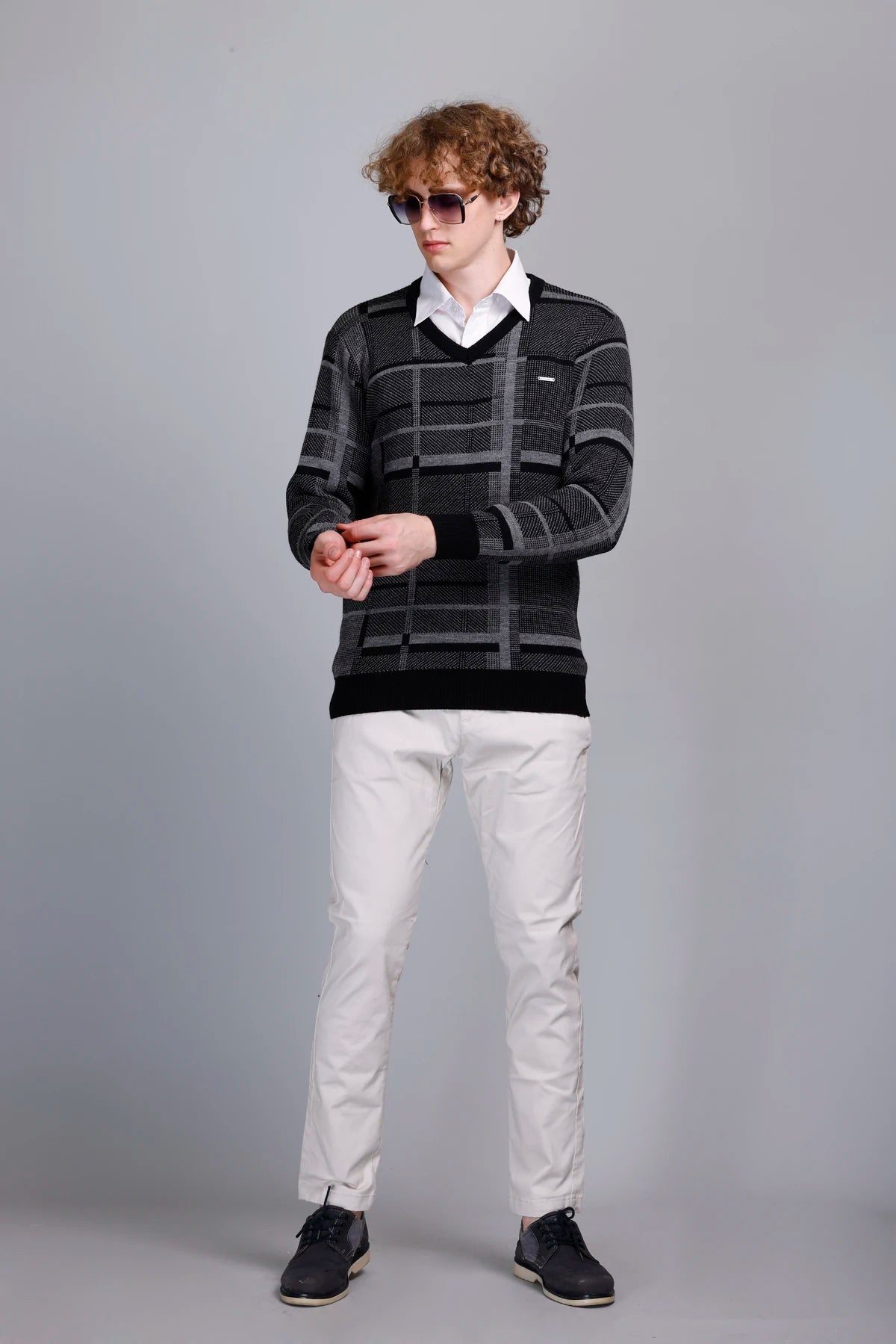 Black Woolen V-Neck Pullover Sweater for Men