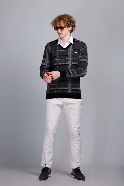 Black Woolen V-Neck Pullover Sweater for Men