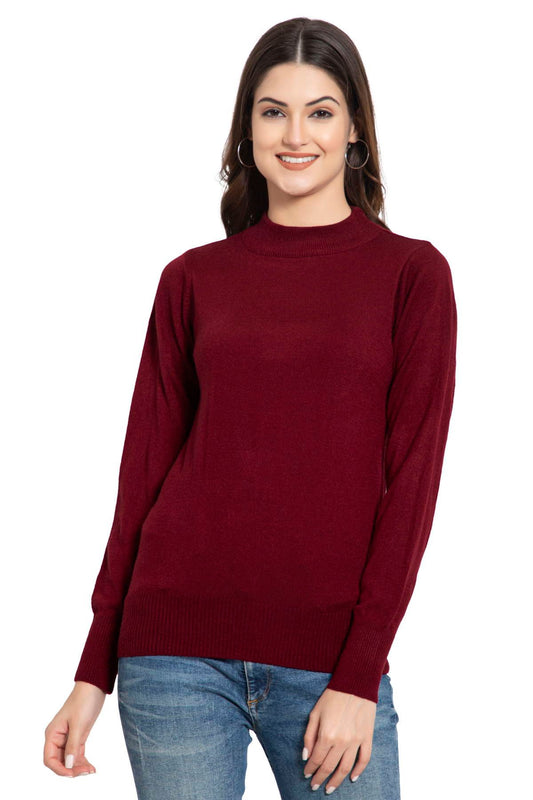 Maroon Full Sleeve Woolen Turtle Neck Sweater For Women