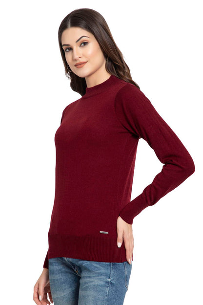 Maroon Full Sleeve Woolen Turtle Neck Sweater For Women