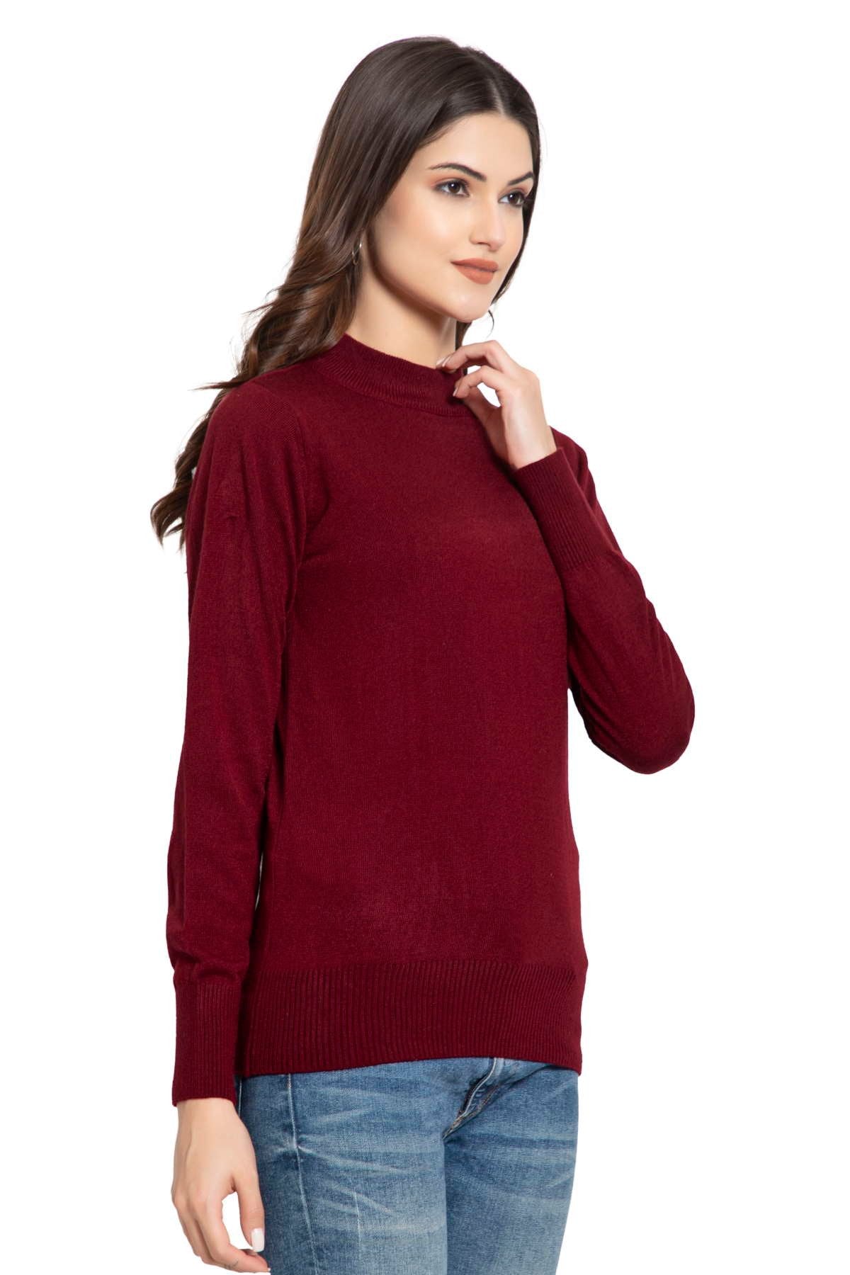 Maroon Full Sleeve Woolen Turtle Neck Sweater For Women