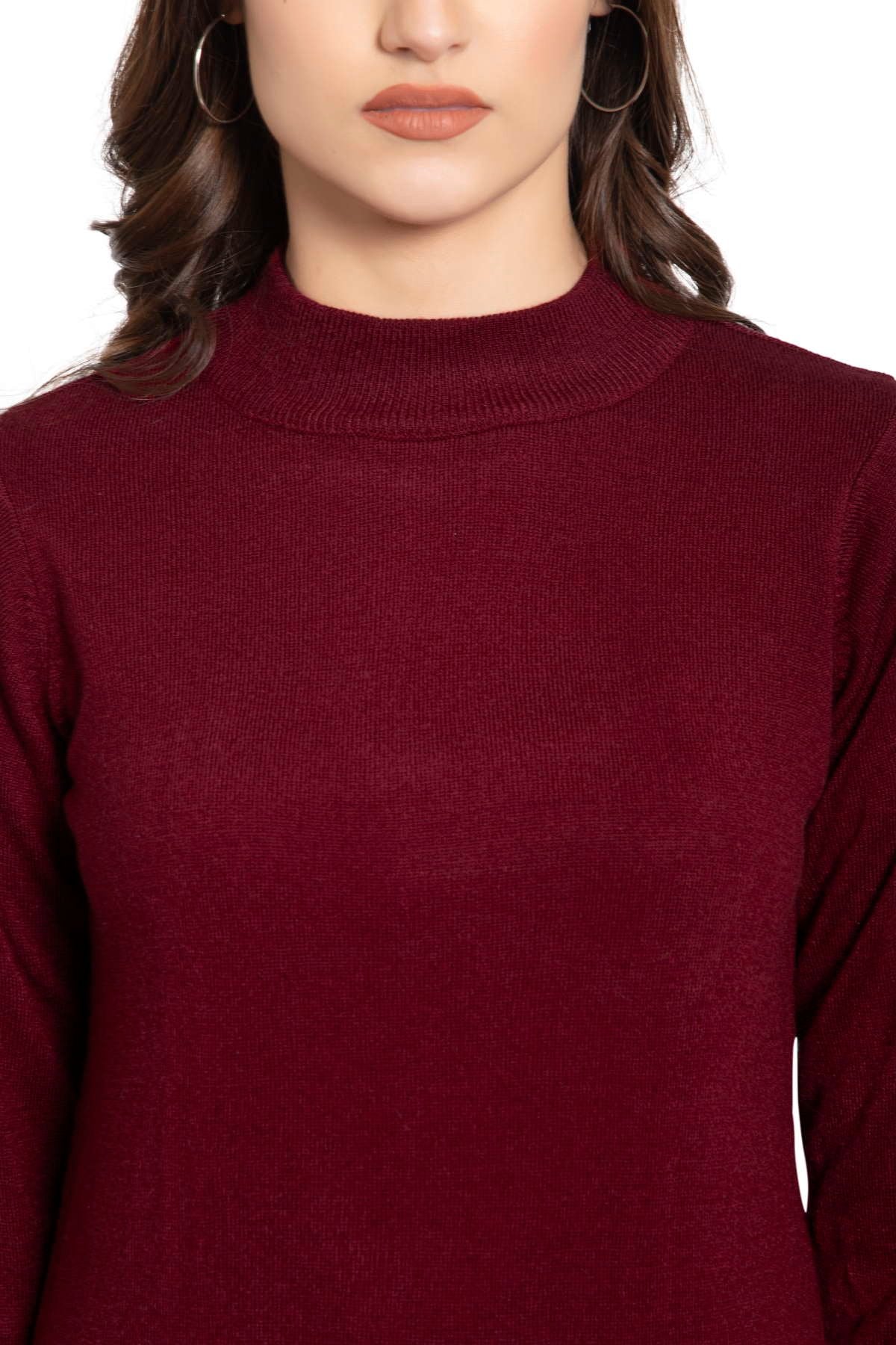 Maroon Full Sleeve Woolen Turtle Neck Sweater For Women