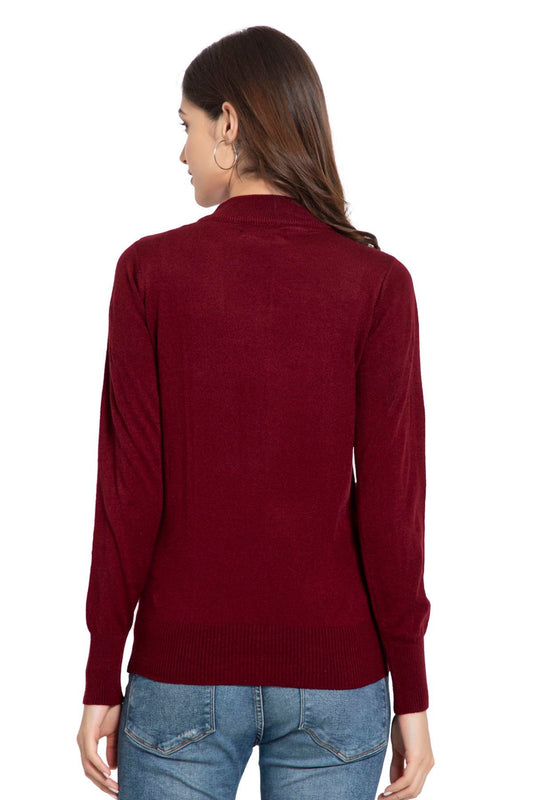 Maroon Full Sleeve Woolen Turtle Neck Sweater For Women