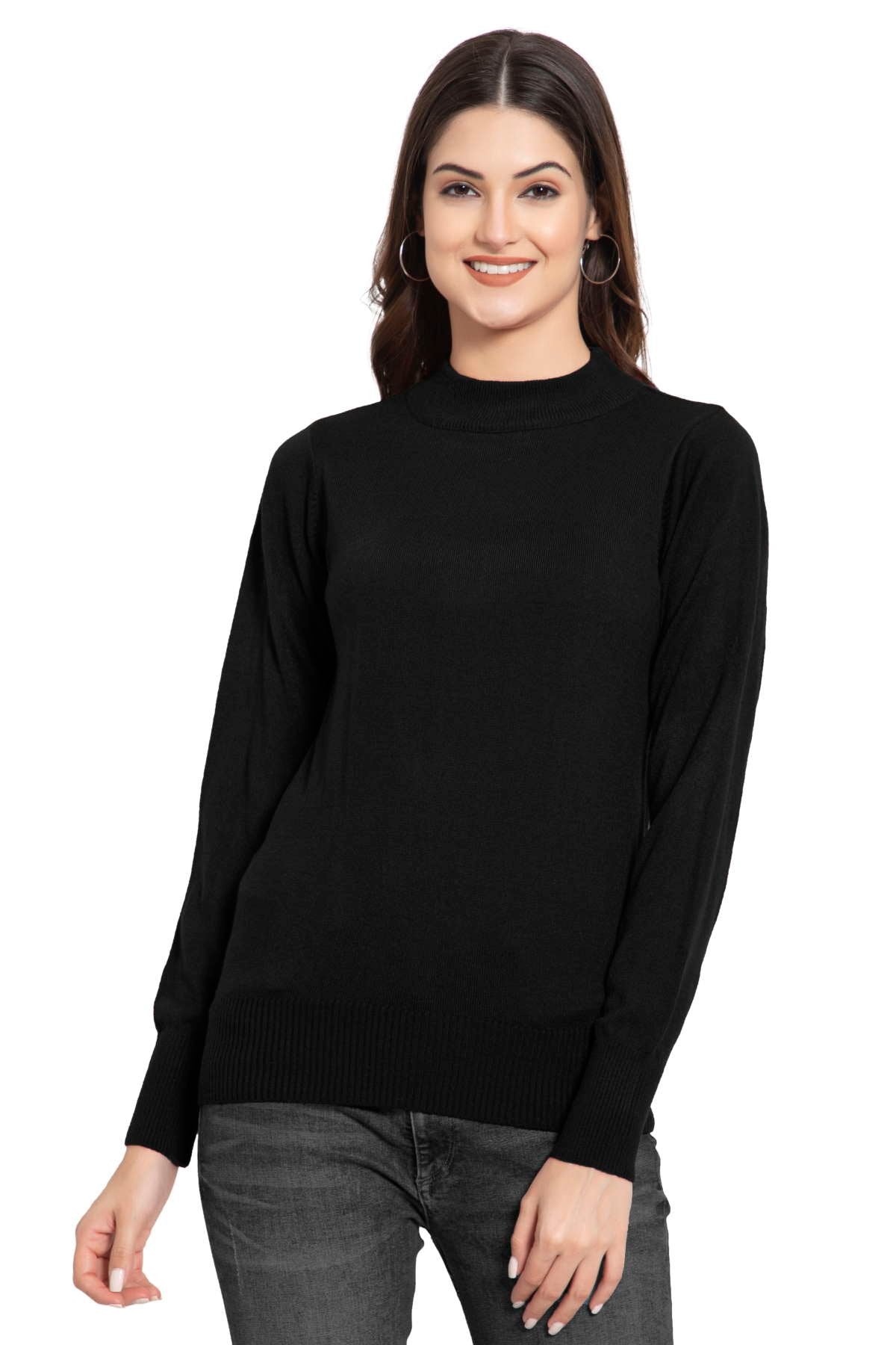 Black Full Sleeve Woolen Turtle Neck Sweater For Women