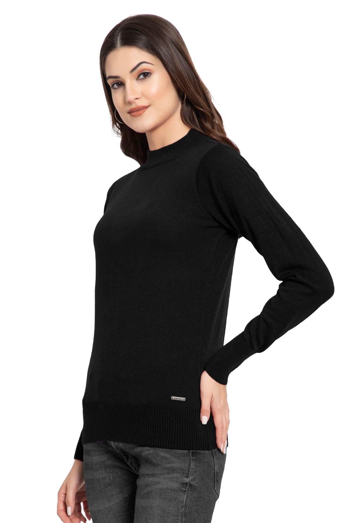 Black Full Sleeve Woolen Turtle Neck Sweater For Women