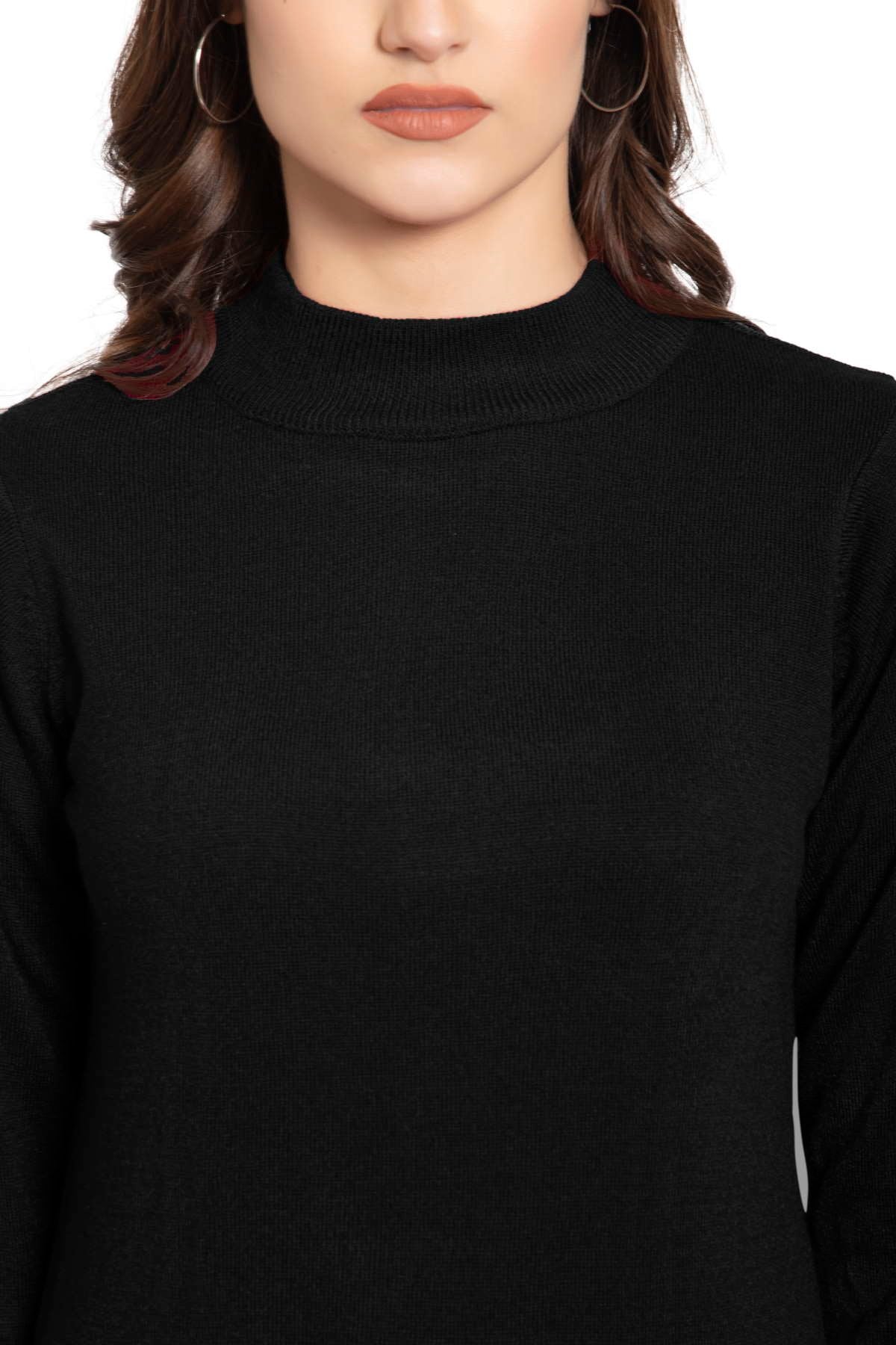 Black Full Sleeve Woolen Turtle Neck Sweater For Women