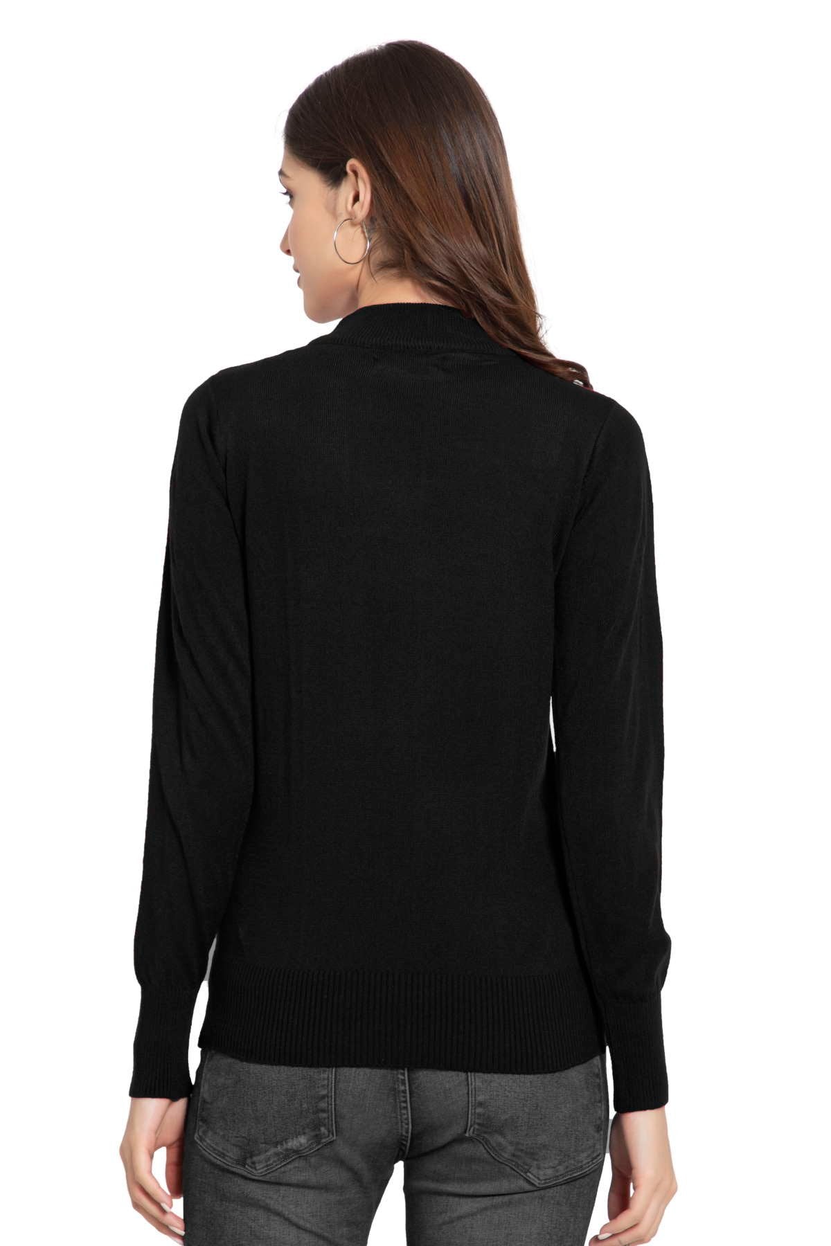 Black Full Sleeve Woolen Turtle Neck Sweater For Women