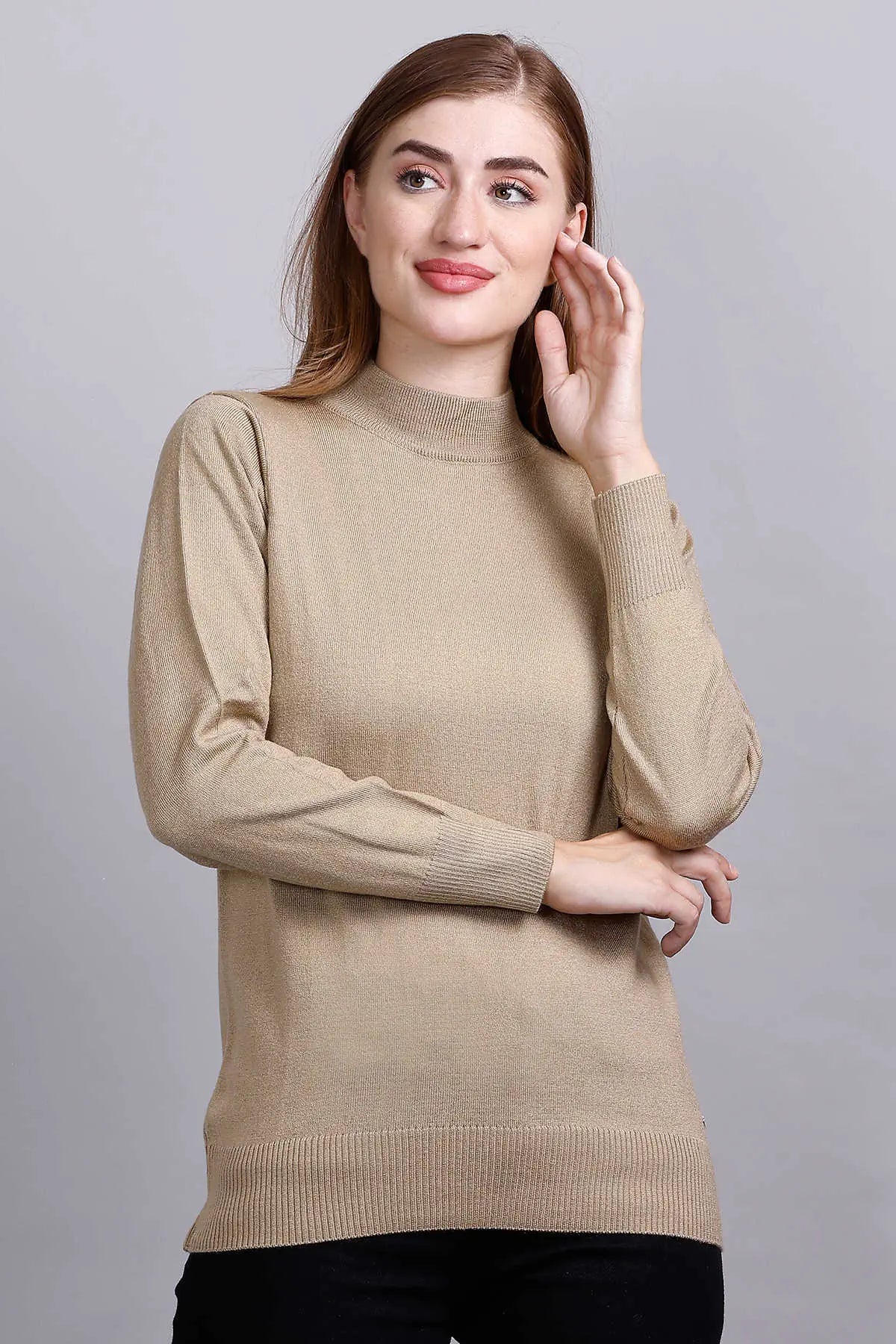 Beige Full Sleeve Woolen Turtle Neck Sweater For Women