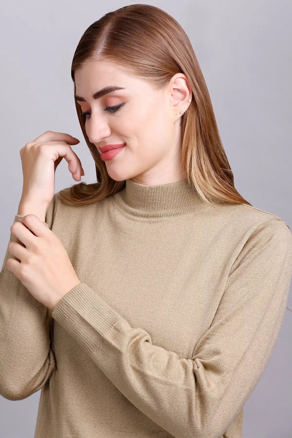 Beige Full Sleeve Woolen Turtle Neck Sweater For Women