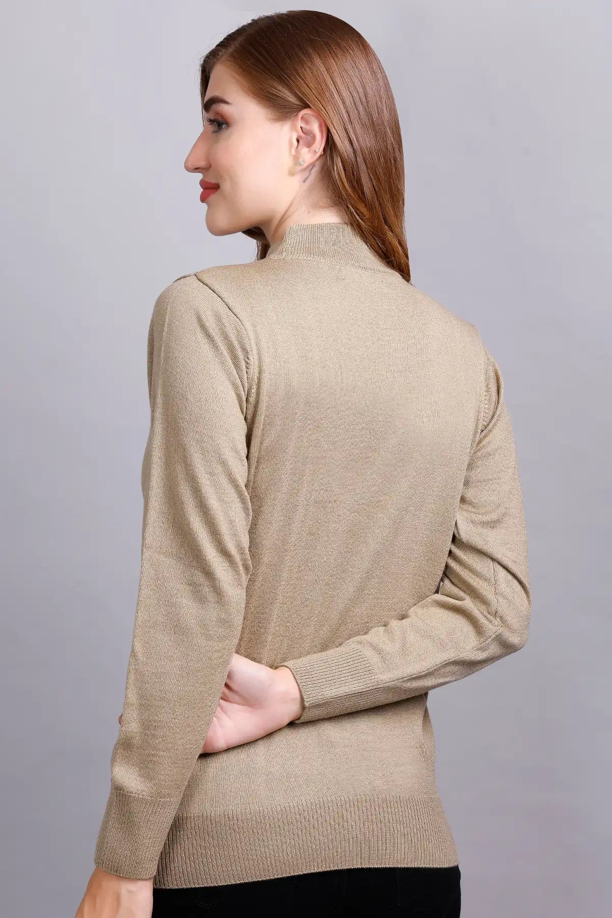 Beige Full Sleeve Woolen Turtle Neck Sweater For Women