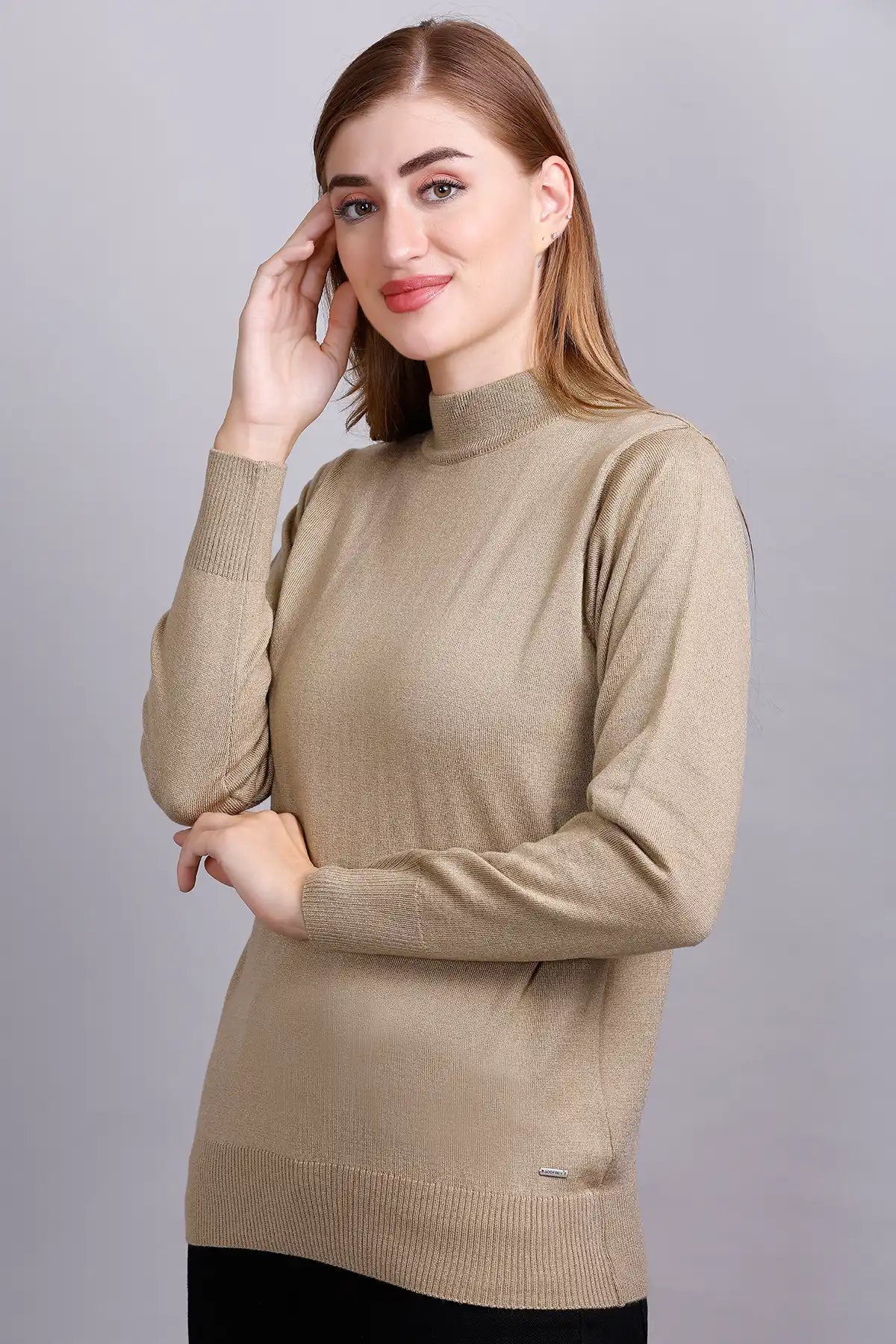 Beige Full Sleeve Woolen Turtle Neck Sweater For Women