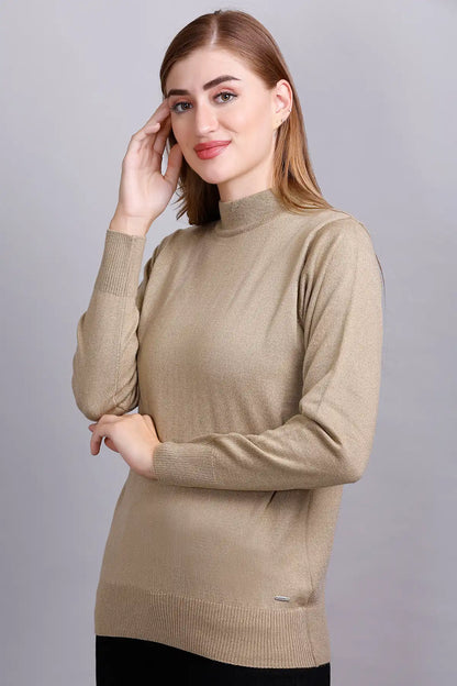 Beige Full Sleeve Woolen Turtle Neck Sweater For Women