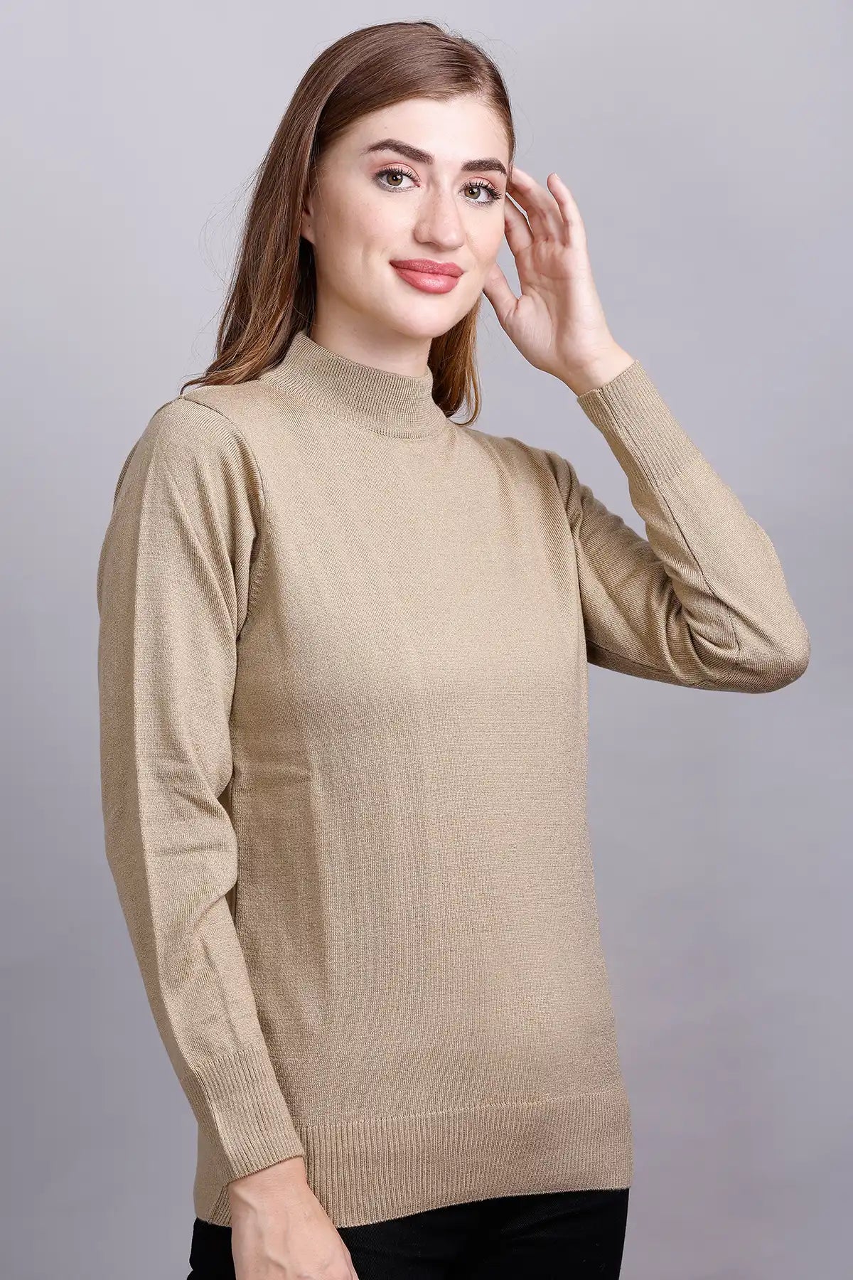 Beige Full Sleeve Woolen Turtle Neck Sweater For Women