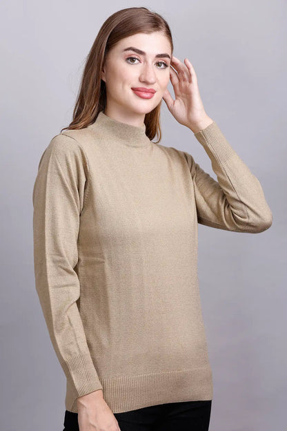 Beige Full Sleeve Woolen Turtle Neck Sweater For Women