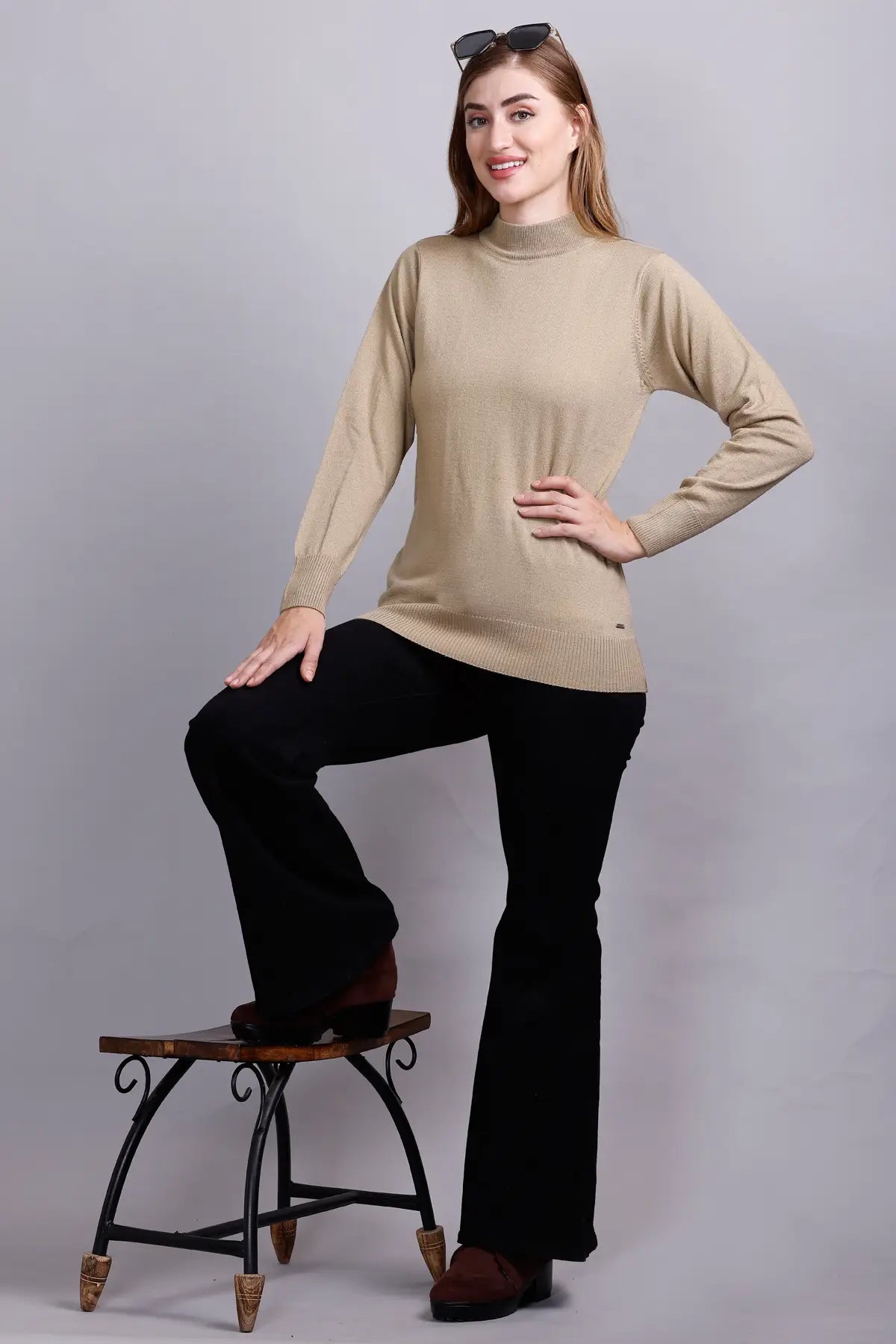 Beige Full Sleeve Woolen Turtle Neck Sweater For Women