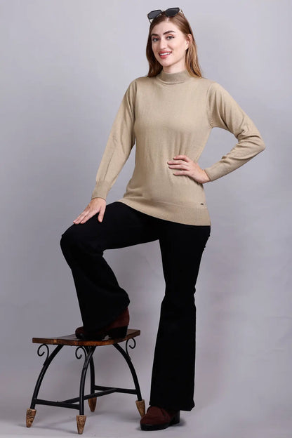 Beige Full Sleeve Woolen Turtle Neck Sweater For Women