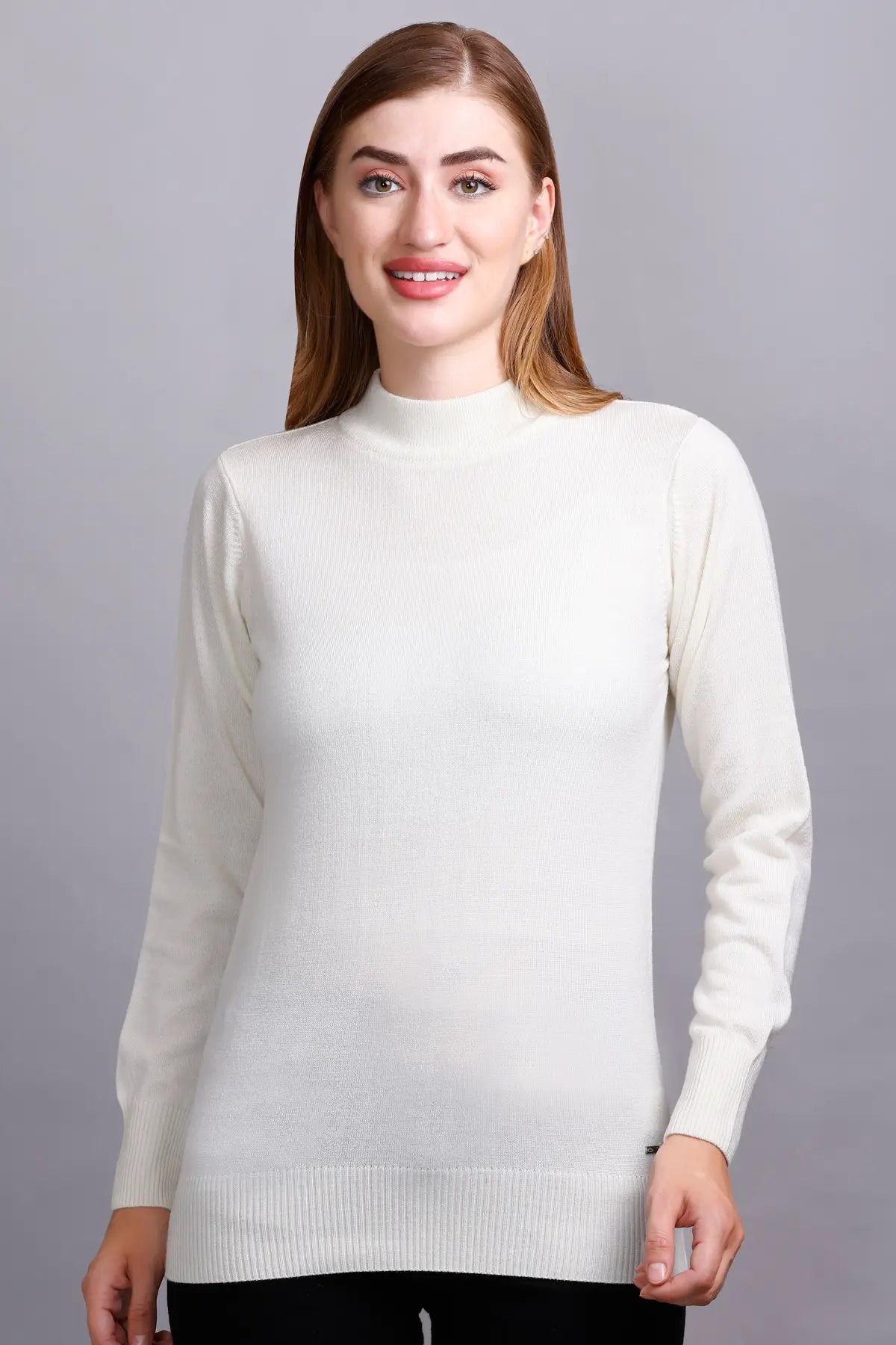 Off White Full Sleeve Woolen Turtle Neck Sweater For Women
