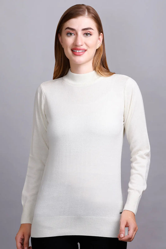 Off White Full Sleeve Woolen Turtle Neck Sweater For Women