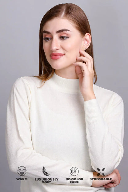 Off White Full Sleeve Woolen Turtle Neck Sweater For Women