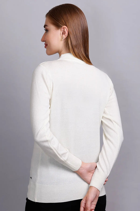 Off White Full Sleeve Woolen Turtle Neck Sweater For Women