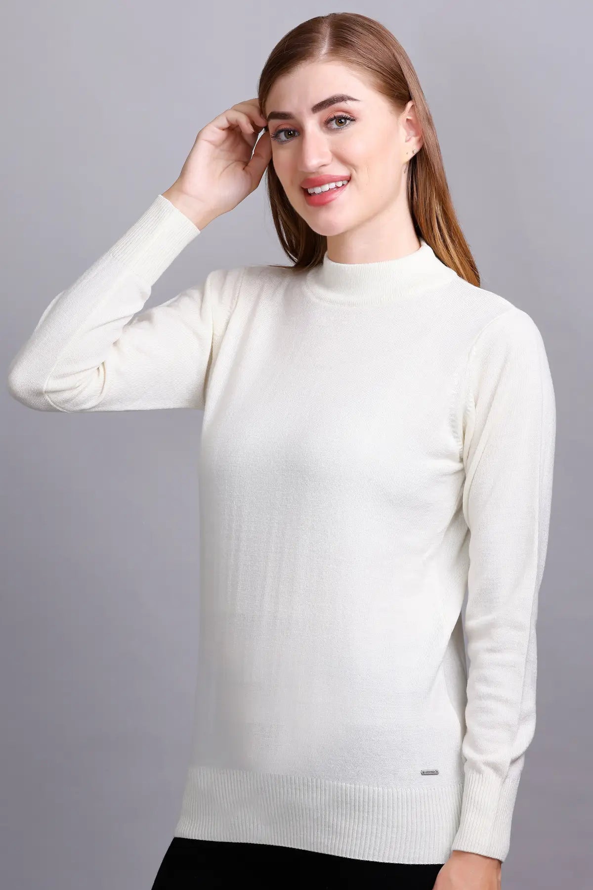 Off White Full Sleeve Woolen Turtle Neck Sweater For Women