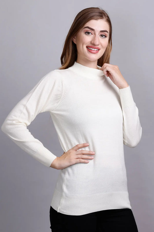 Off White Full Sleeve Woolen Turtle Neck Sweater For Women