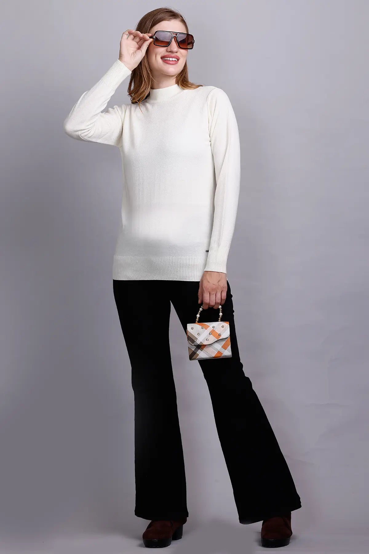 Off White Full Sleeve Woolen Turtle Neck Sweater For Women