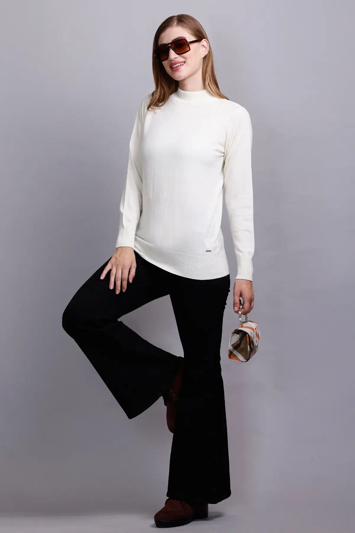 Off White Full Sleeve Woolen Turtle Neck Sweater For Women