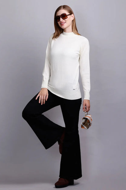 Off White Full Sleeve Woolen Turtle Neck Sweater For Women