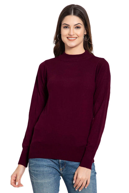 Burgundy Full Sleeve Woolen Turtle Neck Sweater For Women