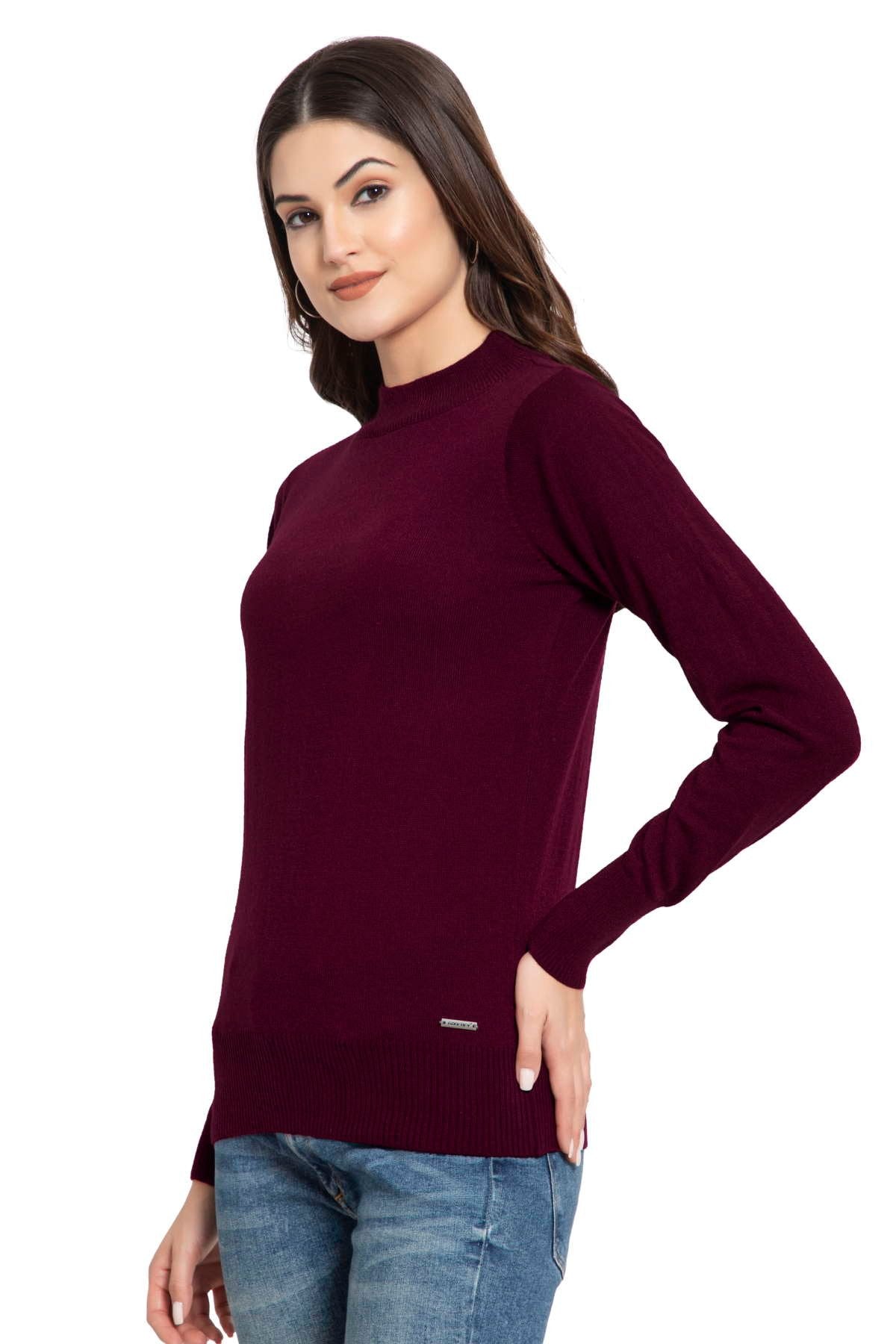 Burgundy Full Sleeve Woolen Turtle Neck Sweater For Women